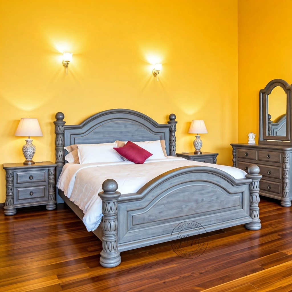 Antique Grace Queen-size Bed Set(Bed + 2bedside tables + dresser + mirror) 