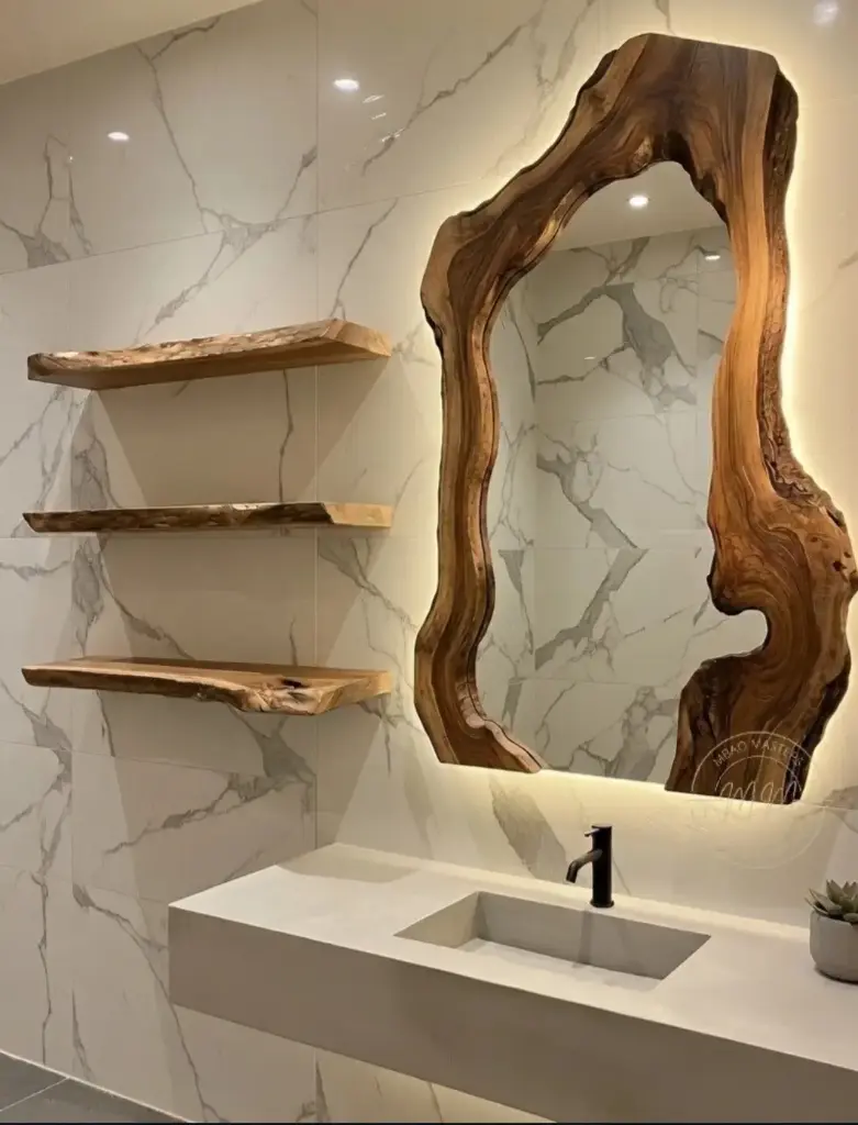 Fossil Line Mirror + Floating Shelves 